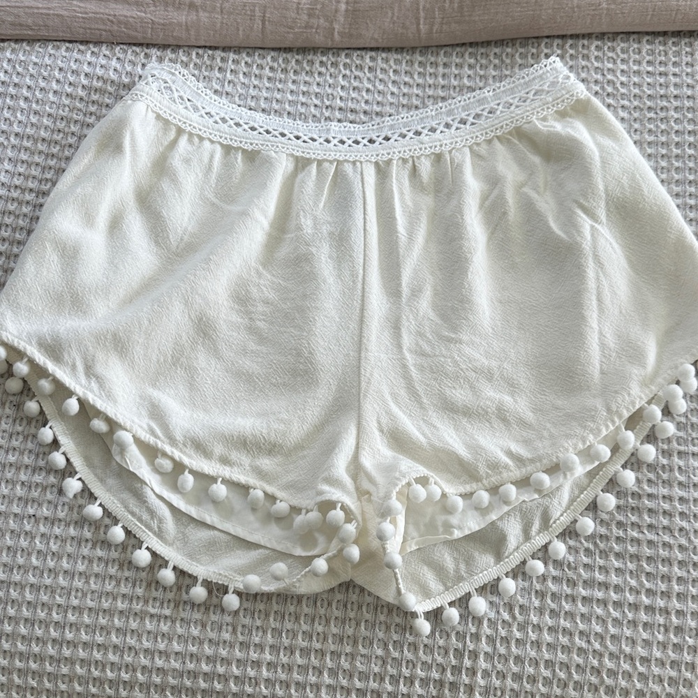 SHEIN Cream Pom-Pom Trim Coverup Shorts